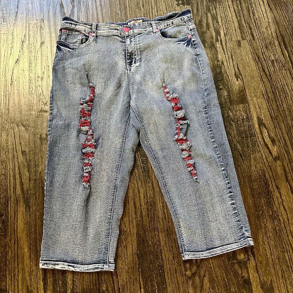 Caren Sport Womens Jean Denim Capri Pants 16 Blue Hot Pink Red Distressed 34x19 - Picture 1 of 5